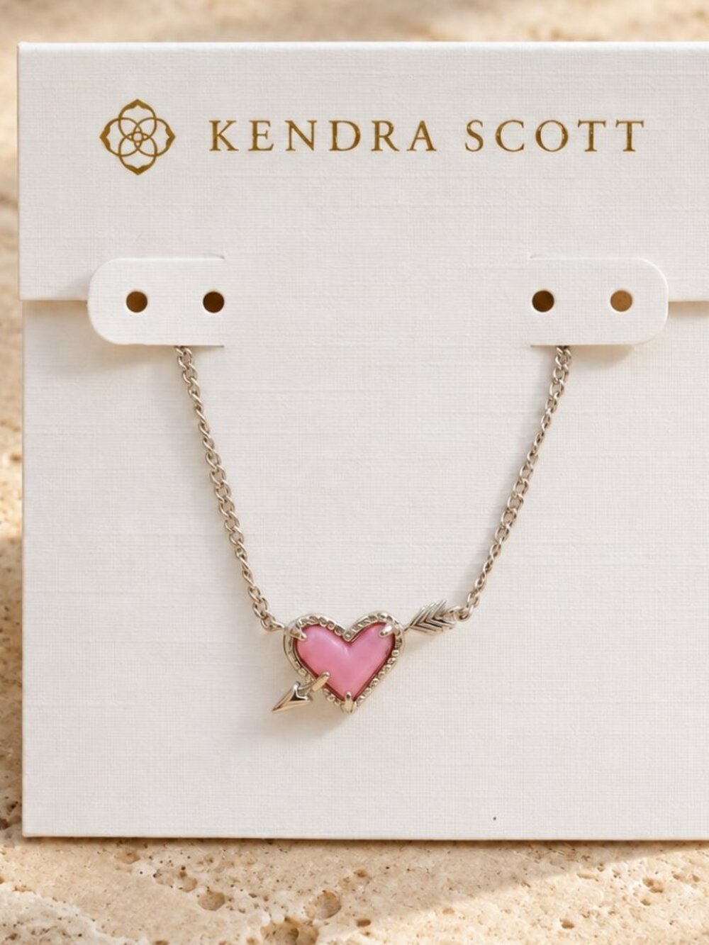 Kendra Scott Ari Heart Arrow Short Necklace Silver Pink Opalescent Resin Pendant
